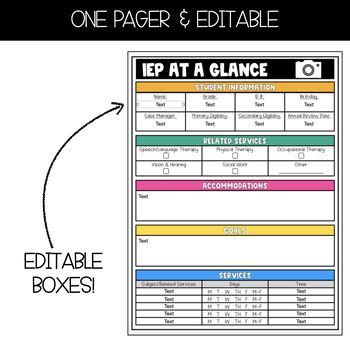 IEP Snapshot At A Glance EDITABLE By Special Ed Agent 007 Kelsey Nesbitt