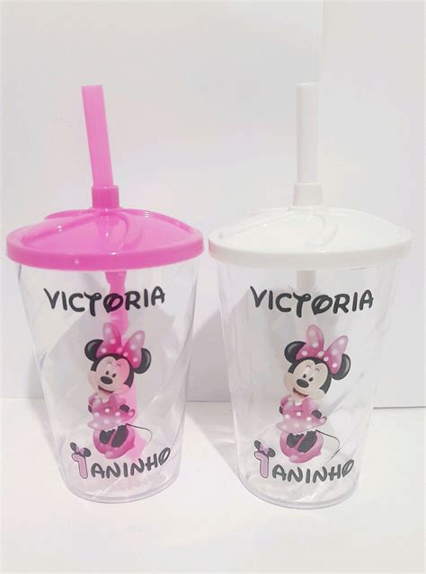 Copo Ml Personalizado Tampa E Canudo Minnie Rosa Elo