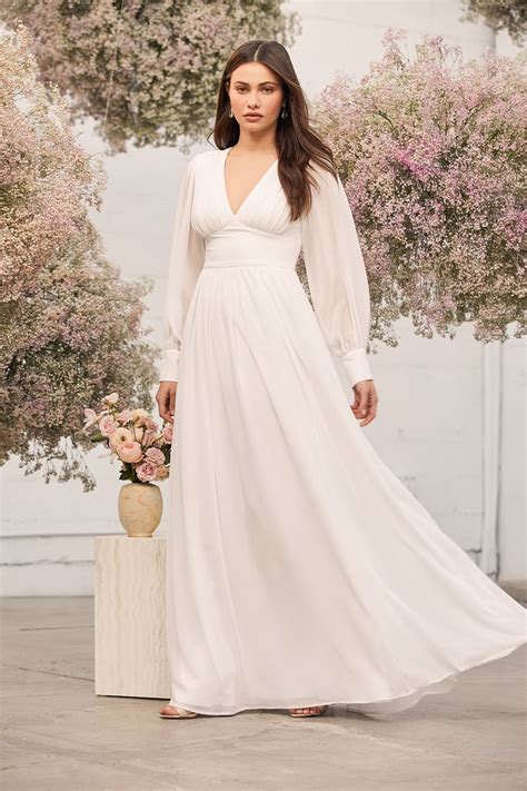 Long Sleeve Floor Length White Dresses