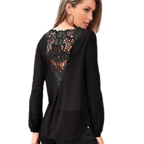 2018 Sexy Women Lace Hollow Back V Neck Lace Tops Chiffon Long Sleeved