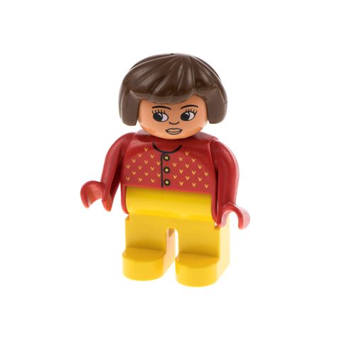 X Lego Duplo Figur Frau Gelb Jacke Rot Muster Haare Braun Pb B