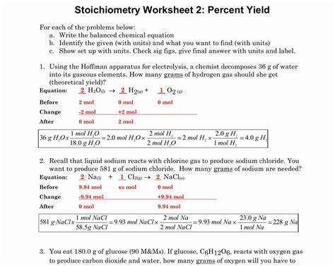 Stoichiometry Worksheet 2 Percent Yield Answers Printable Word Searches