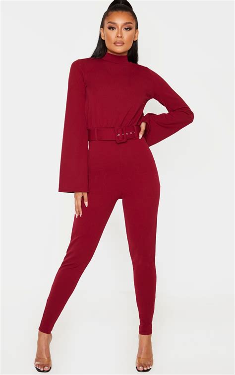 Burgundy Belt Detail High Neck Long Sleeve Jumpsuit Prettylittlething