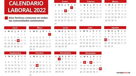 Calendario laboral 2022: festivos y puentes en España por comunidad ...