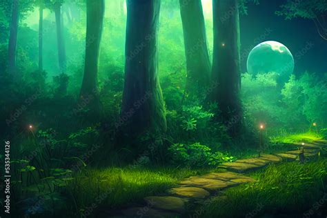 anime game art background, a lush fantasy forest with a path to another ...