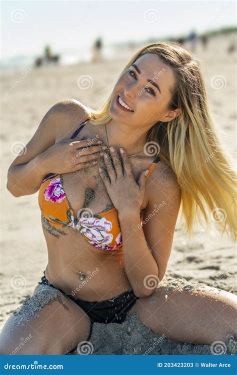 Beautiful Bikini Model Posing In A Beach Environment Stock Image