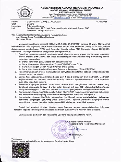 Surat Edaran Pemberkasan Tpg Bagi Guru Non Pns Pdf