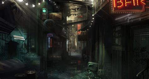 Sci-Fi City Alleyway with Neon Signs