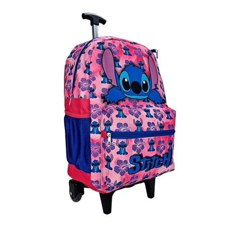 Mochila Stitch Rosa Escolar Infantil Rodinhas Faz A Boa