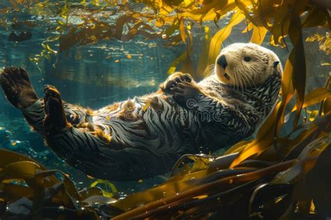 Serene Sea Otter Relaxing Amongst Golden Kelp Underwater Stock Photo - Image of serenity ...