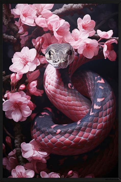 A Snake Is Curled Up On A Branch With Pink Flowers In The Foreground