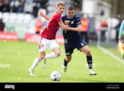 Tobias Lauritsen (VB 25) against John Björkengren (Randers 6) during the Superliga match between ...