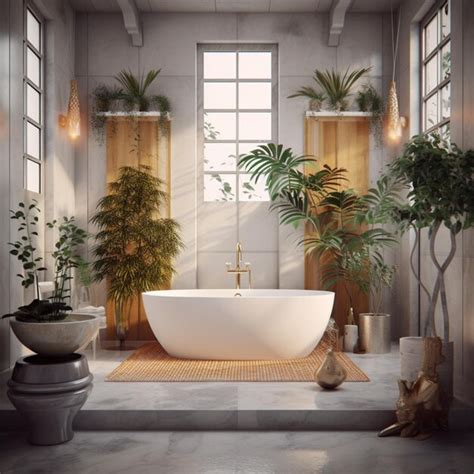 Premium AI Image | A bathroom with a bathtub and plants on the wall.