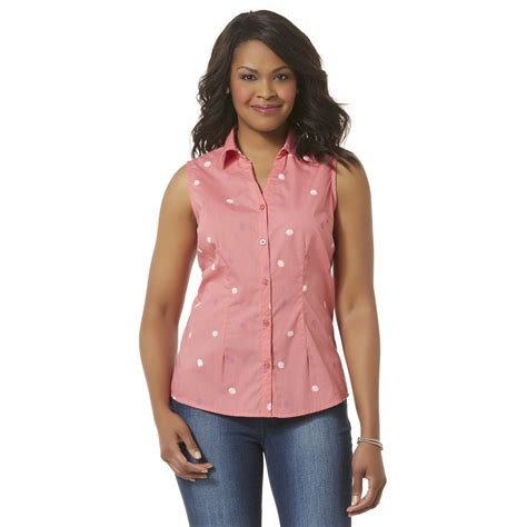 Basic Editions Womens Sleeveless Camp Shirt Seashells Kmart