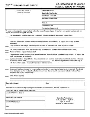 Fillable Online Bop Form Bp A Purchase Card Dispute Federal