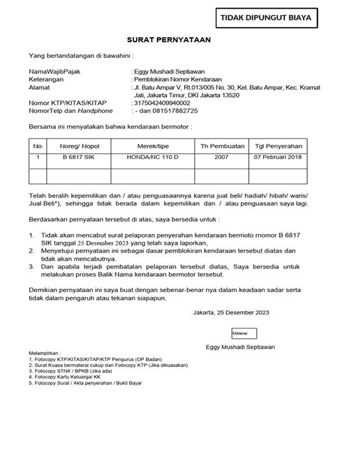 Form Surat Pernyataan Blokir Stnk Pdf