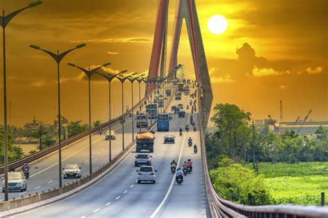 Heavy Traffic on Can Tho Bridge at Sunset Sky. Editorial Stock Image ...