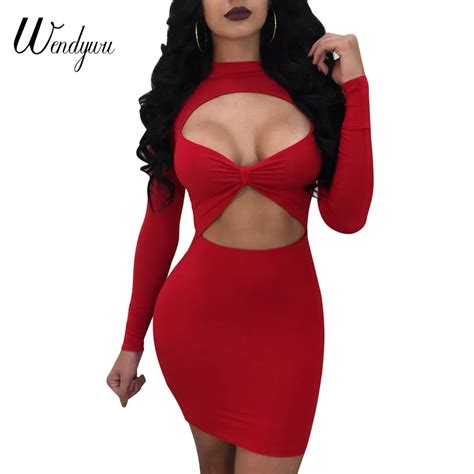 Wendywu Free Shipping New Spring 2017 Sexy Cleavage Long Sleeve Solid