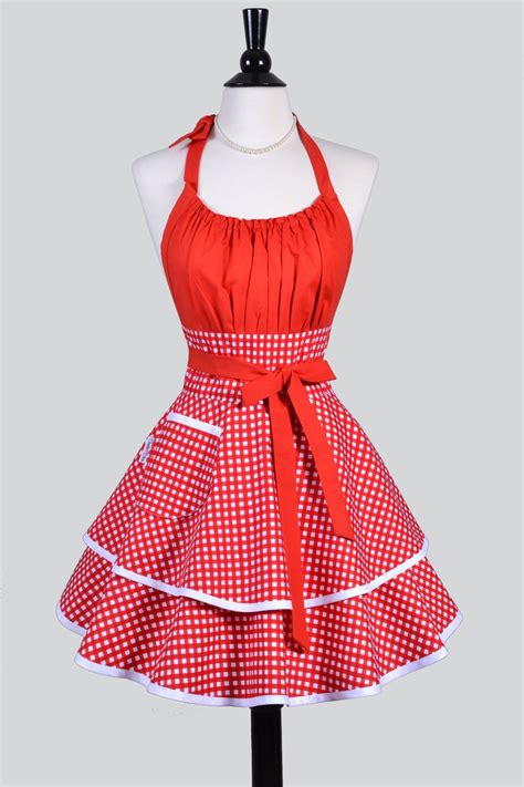 Womens Flirty Chic Apron Cute White And Red Gingham Check