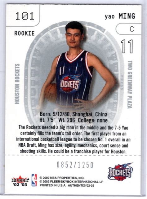 Fleer Authentix Yao Ming Rc Serial Nm Mt