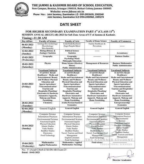 The Kashmir Student On Twitter Date Sheet For Class 11th Annual