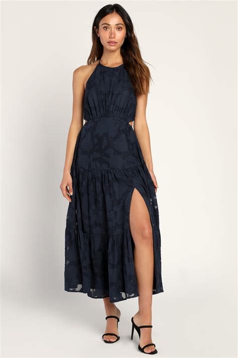 Navy Blue Burnout Dress Tiered Midi Dress Backless Midi Dress Lulus