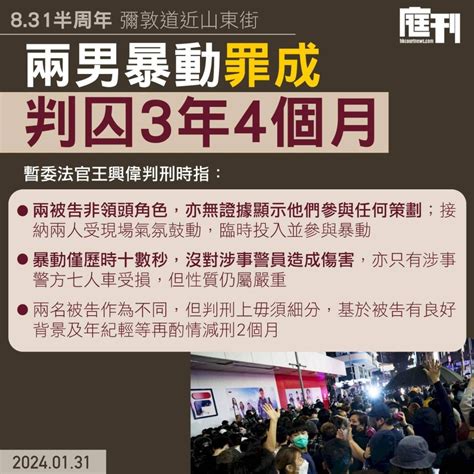 8 31半周年｜兩男暴動罪成判囚3年4個月 官指暴動僅歷時十數秒惟性質仍屬嚴重 庭刊