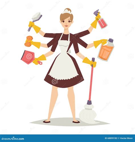 Housewife Girl And Home Cleaning Equipment Icon In Flat Style Vector