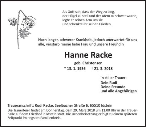 Traueranzeigen Von Hanne Racke Vrm Trauer De