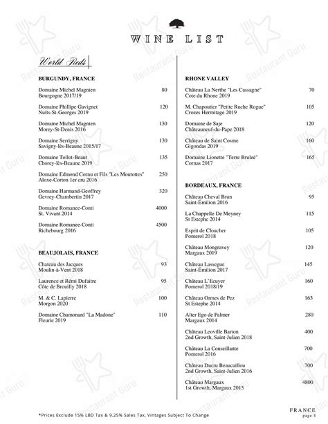 Menu at Oak Steakhouse, Nashville