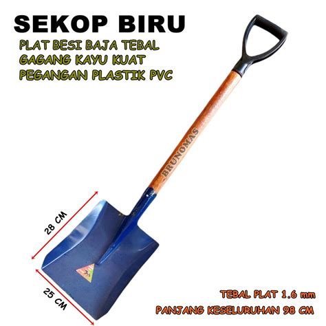 Jual Sekop Biru Gagang Kayu Skrop Pasir Plat Besi Baja Tebal