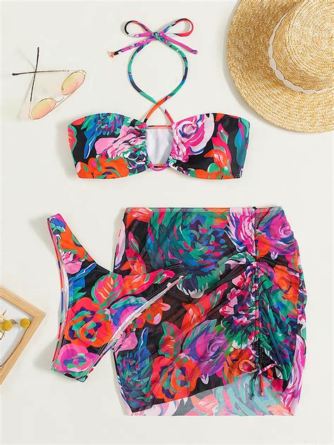 3pack Allover Print Halter Bikini Swimsuit Beach Skirt SHEIN USA