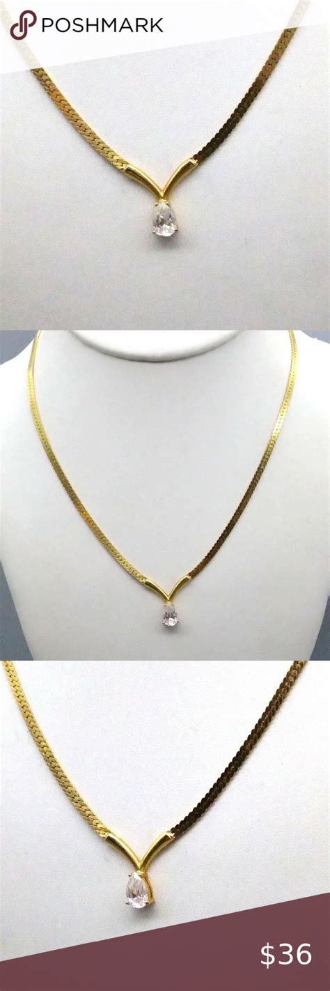 Flat Chain V Necklace With Crystal Teardrop Vintage Avon Chevron