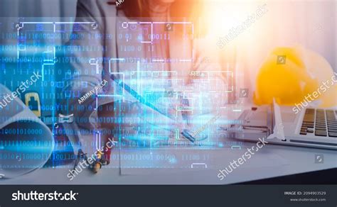 Engineers Pointing Building On Blueprint Using Stock Photo 2094903529