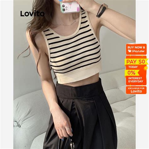 Lovito Casual Striped Round Neck Sleeveless Knit Top For Women LNE02112