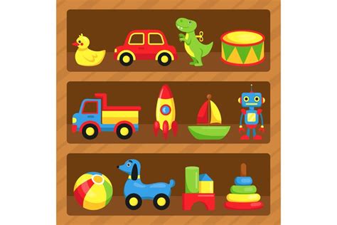 Kid toy shelf. Cartoon funny baby play shop. Vector flat gra