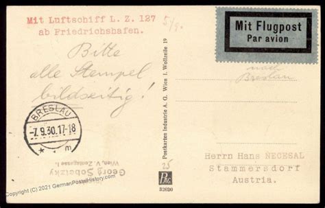 Austria Germany 1930 Graf Zeppelin Si83 Breslau Fahrt 66 Flown Cover