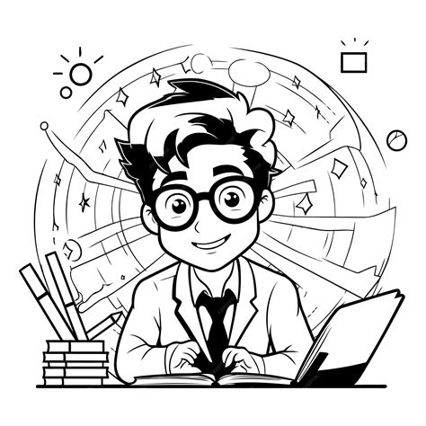 Premium Vector | Black and White Cartoon Illustration of Man Student with Laptop at Work