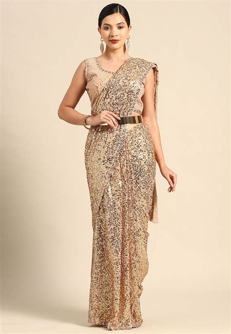 Buy Sequinned Georgette Scalloped Saree In Beige Online SPFA13902