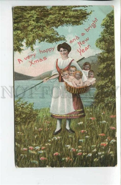 440250 Xmas NEW YEAR Nude MULTIPLE BABIES Woman Fisherman Vintage