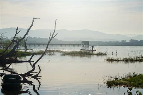 Pescador En Bote Sobre El Reservorio Bang Phra Captura Peces Con Palo