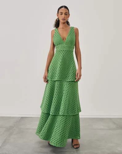 Vestido Longo Regata Decote V Profundo De Guipure Verde