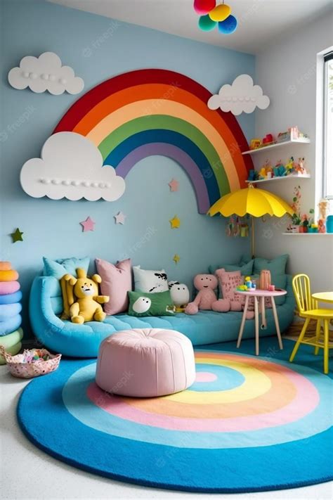 Premium Photo | A playroom with a rainbow and a rainbow on the wall.