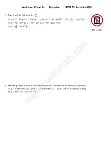 Derivatives Igcse Mathematics 0580 Past Papers Worksheet Teaching