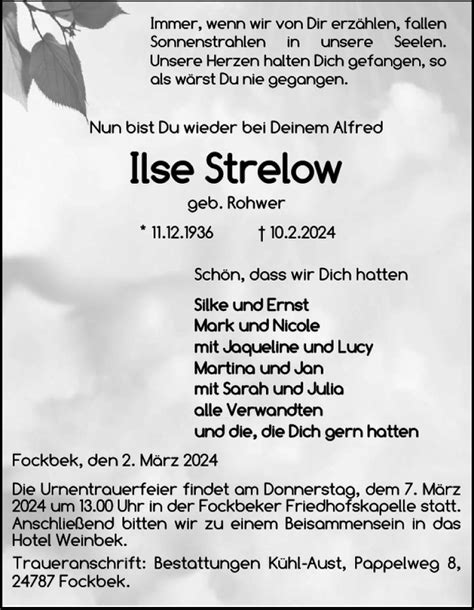 Traueranzeigen Von Ilse Strelow Sh Z Trauer