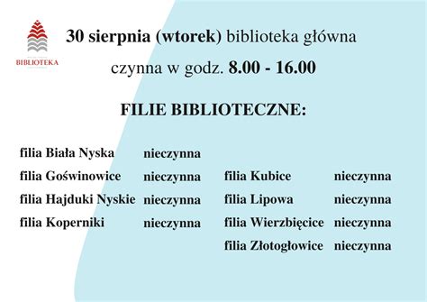 Zmiana Godzin Pracy Biblioteki Oraz Filii Miejska I Gminna Biblioteka