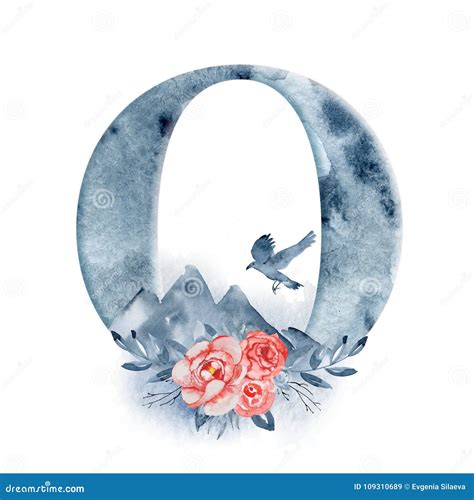 Floral Watercolor Alphabet Monogram Initial Letter O Design With Hand Drawn Raven Crow And