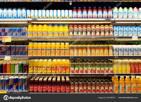 Wide Selection Of Non Alcoholic Beverage On Shelf Display Stock