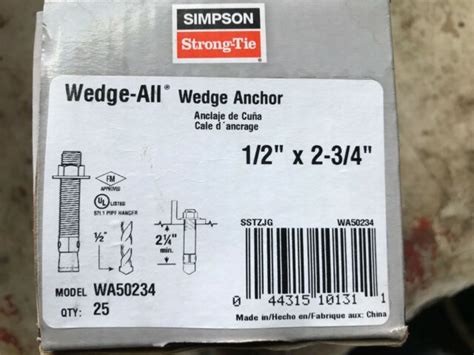 Simpson Concrete Anchor Bolts Wedge All 12 X 2 34 25pcs Ebay