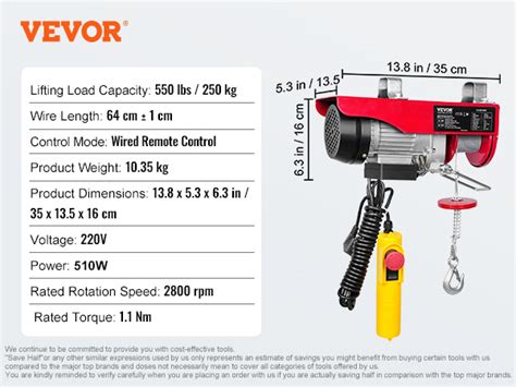 VEVOR Electric Hoist 550 Lbs Lifting Capacity 510W 220V Electric